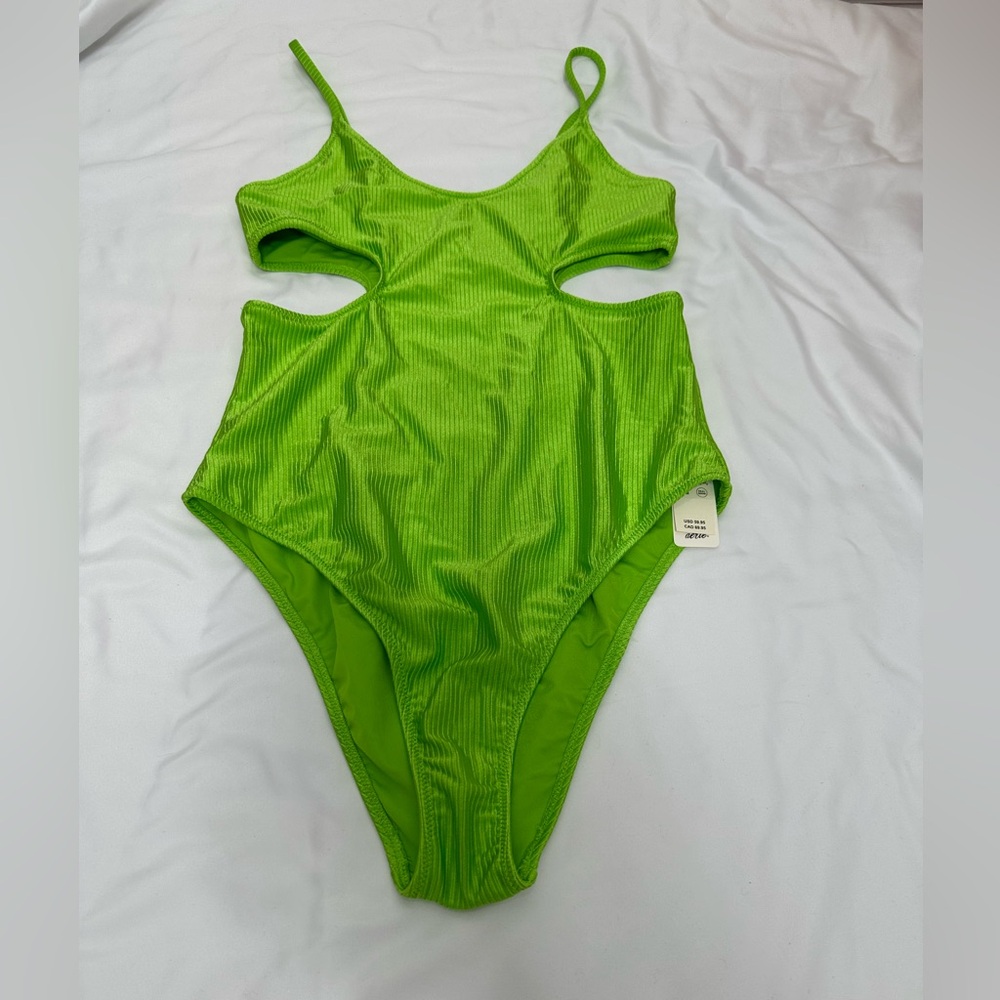 Aerie Lime Green Shine Rib Voop Cheeky‎ One Piece Swimsuit Sz Medium SPF 50 - Picture 2 of 8